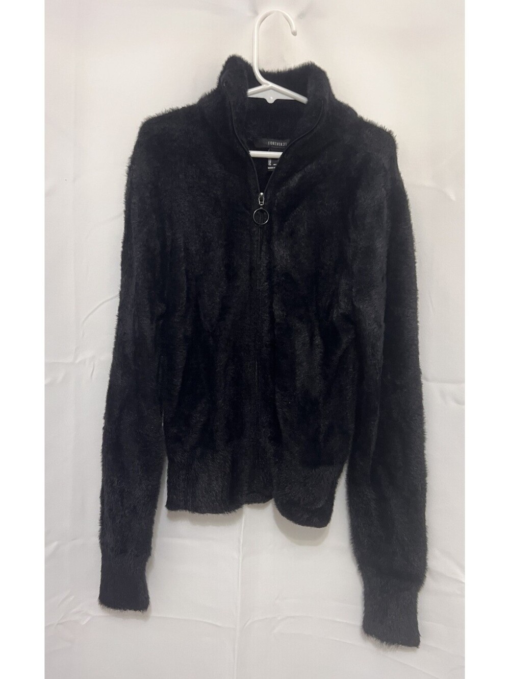 Forever 21 Women's Small Black Fuzzy Full-Zip Sweater Jacket O-Ring Pull